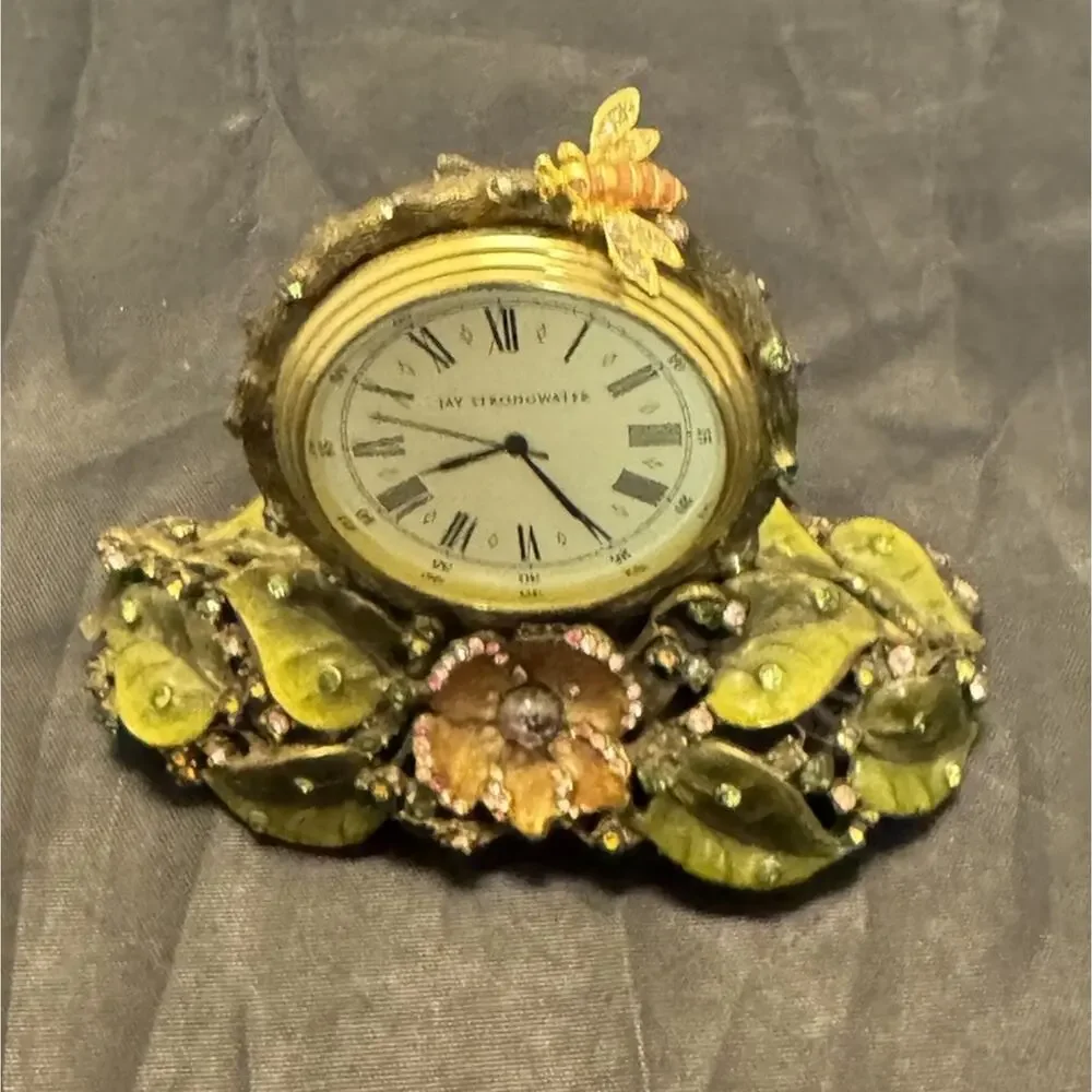 Jay Strongwater Mayfair Table Clock Flowers Bee Enamel & Swarovski Crystals